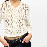 GANNI K2438 Rhinestone Cotton Pointelle Cardigan - egret