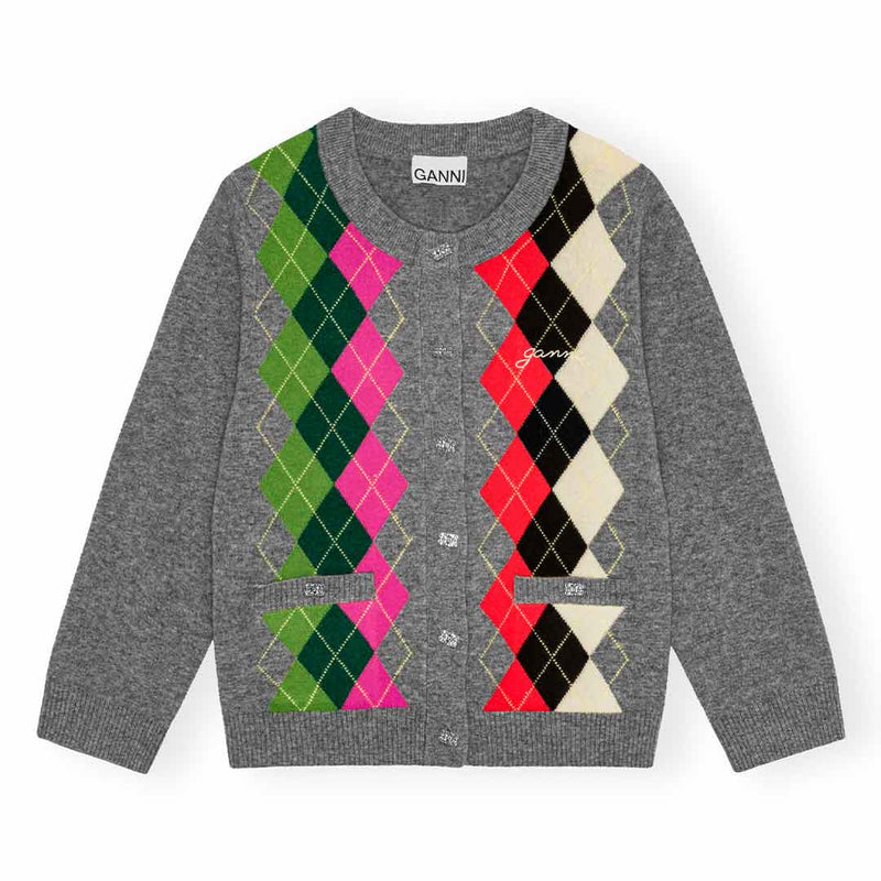 Grå cardigan med mønster og logo knapper fra Ganni