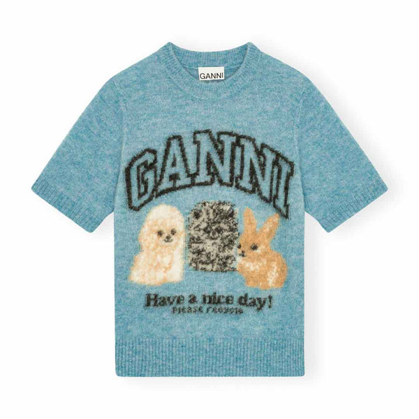Lyseblå strik t-shirt med kæledyr fra Ganni