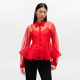 GANNI A1040098 Textured Organza Peplum Shirt - Mars red