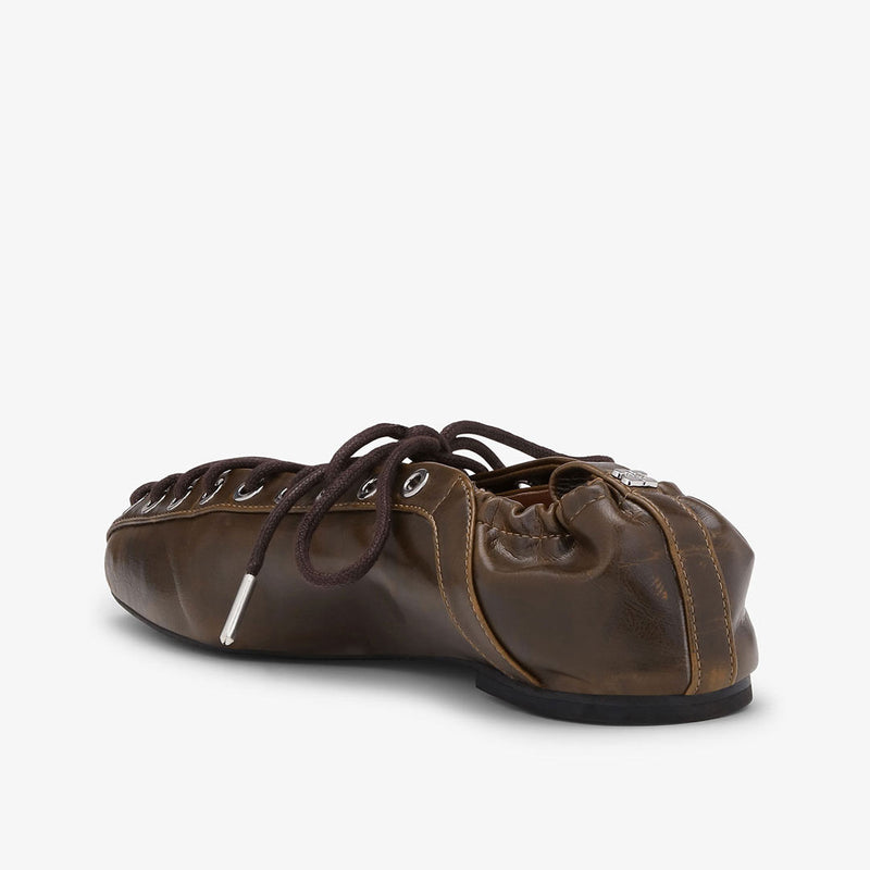 GANNI S3093 Eyelets Lace Up Ballerina Crinkle Oleatex - Dark Olive