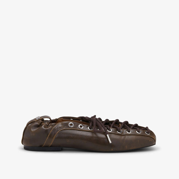 GANNI S3093 Eyelets Lace Up Ballerina Crinkle Oleatex - Dark Olive