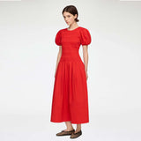 GANNI A1030546 Cotton Long Smocked Pleated kjole - Goji Berry