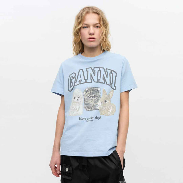 Lyseblå t-shirt med kæledyr fra Ganni