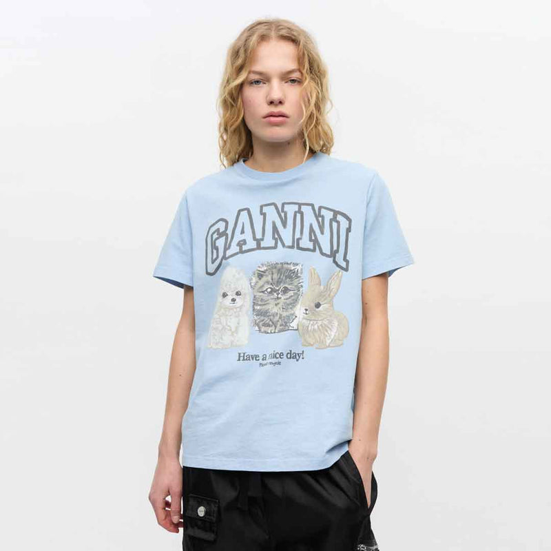 Lyseblå t-shirt med kæledyr fra Ganni