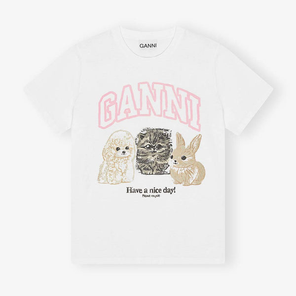 GANNI T4376 Basic cotton relaxed Animals t-shirt  - hvid