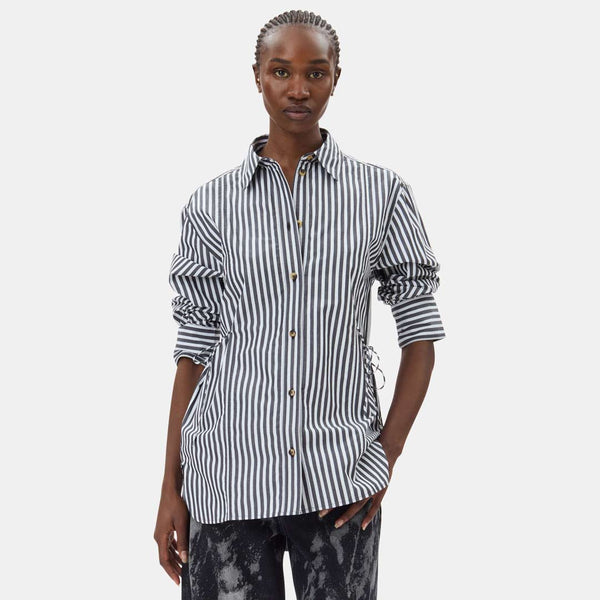 GANNI W0096 Stripe Cotton Oversized Tie String Shirt - striber