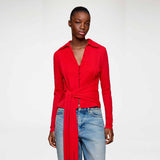 GANNI A1040286 Marl Mesh Long Sleeve Tie Bluse - goji berry