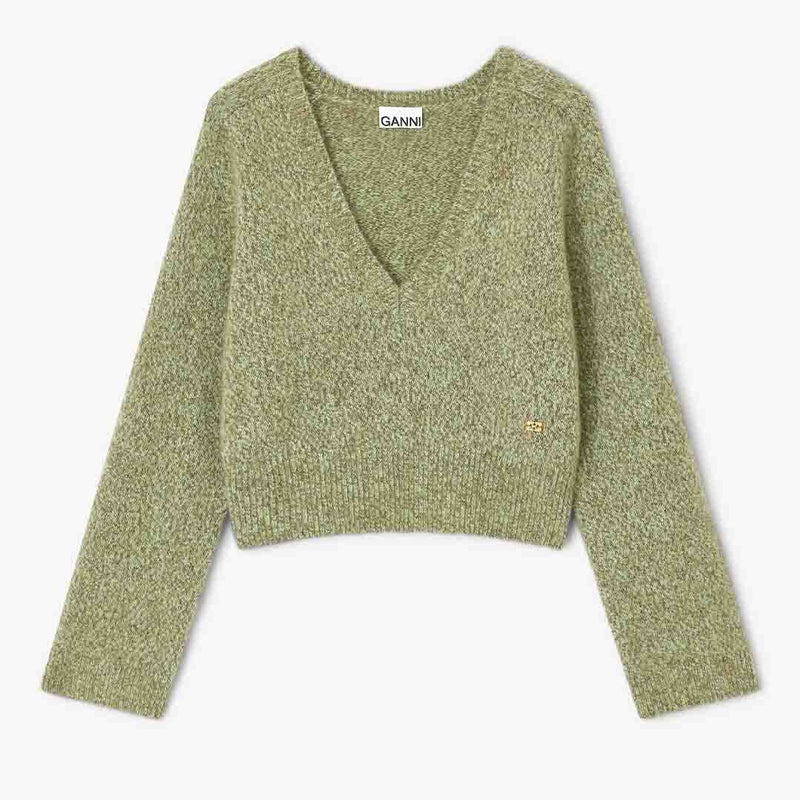 GANNI K2621 Brushed Mohair Mix Deep V-neck sweater - Nile