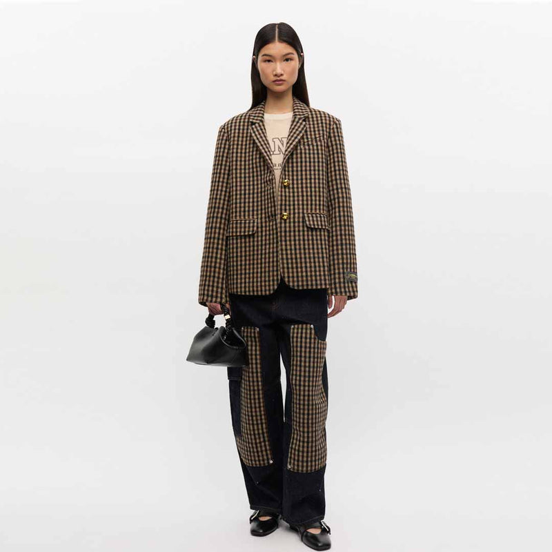 GANNI W0426 Check wool mix oversized blazer - chicory coffee