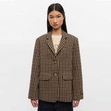 GANNI W0426 Check wool mix oversized blazer - chicory coffee