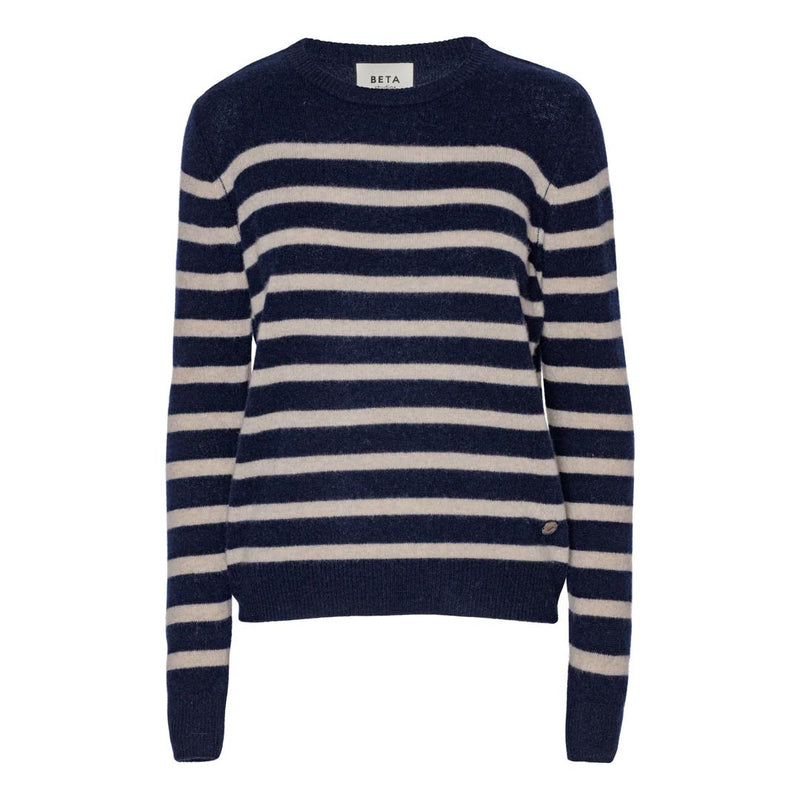 BETA STUDIOS Bibi striped O-neck strik - navy/sand