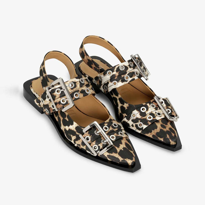 GANNI S2947 Buckle ballerina satin sko - leopard