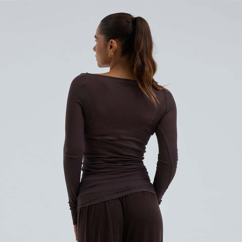 SEAMLESS BASIC tynd Boat Neck bluse - Java brun, HAUSFRAU