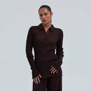 SEAMLESS BASIC Woolen Classic Polo bluse - Dark Brown
