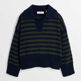 SKALL STUDIO Dean V-neck jumper - Navy/Dark green stripe