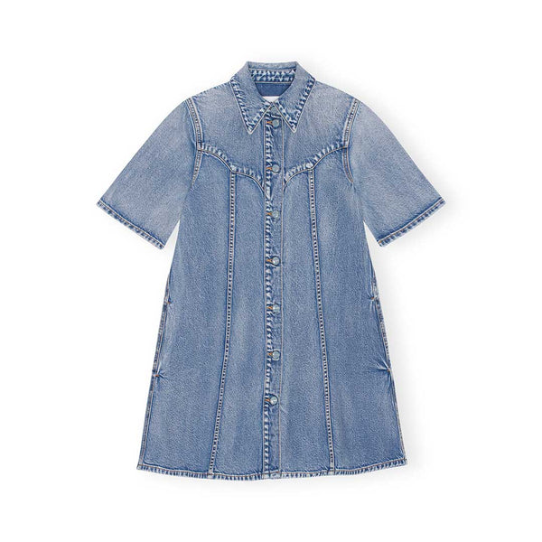 GANNI J1258 Vintage washed denim mini kjole - Mid blue